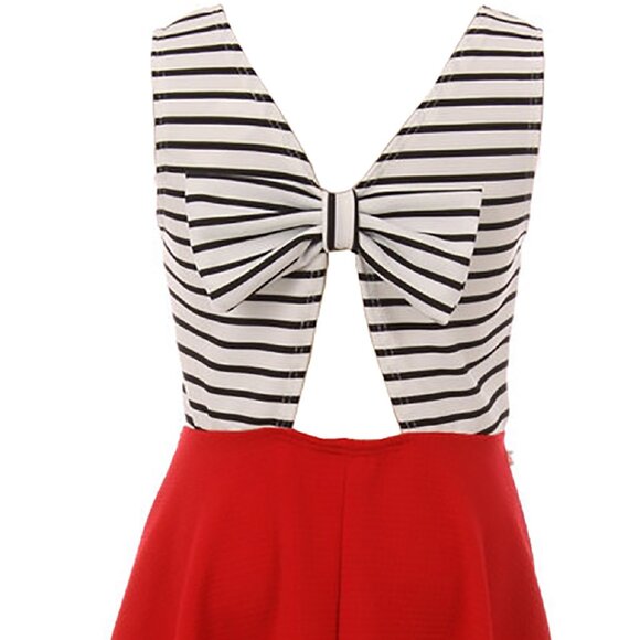 Sleeveless Girls Dress Two Tone Stripe Bow Open Back Party Flower Girl Dress Red - Picture 3 of 6
